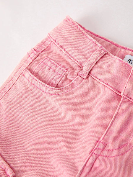 Pink Wide-Leg Denim Pants With Pockets: