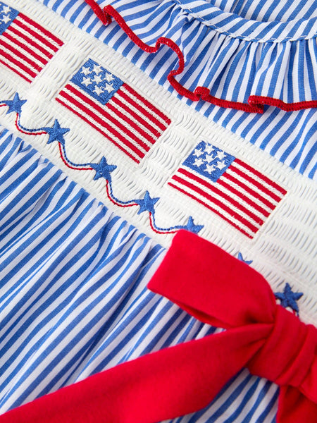 Girls 4th of July Plaid Romper Bow Smocked Embroidery: