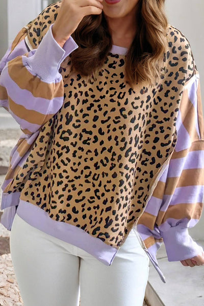 LDC Leopard Striped Color Block Side Slits Sweatshirt: Purple
