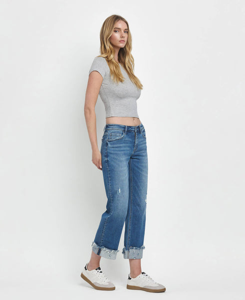 MID RISE RAW CUFFED HEM SLIM WIDE JEANS F5861: FOUR SEASON