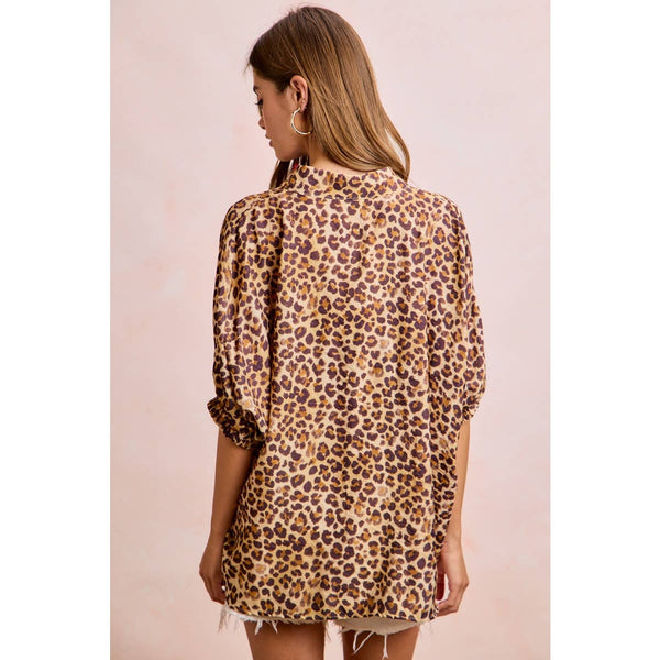 LEOPARD CONTRAST BANDED DOLMAN SLEEVES BLOUSE TOP: LEOPARD / S