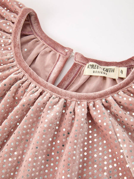 Fall Girls Velvet Sparkle Polka Dot Party Dress: Dusty Rose
