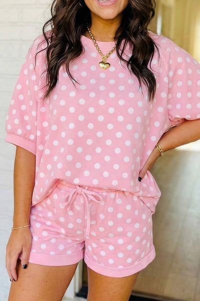 LAS Polka Dot Print Top Drawstring Shorts Set Pink