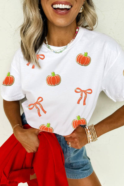 LDC Sequin Chenille Pumpkin Bow Pattern Casual Short T Shirt: White