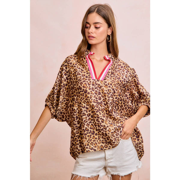 LEOPARD CONTRAST BANDED DOLMAN SLEEVES BLOUSE TOP: LEOPARD / S