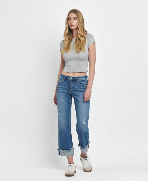 MID RISE RAW CUFFED HEM SLIM WIDE JEANS F5861: FOUR SEASON