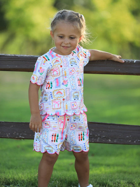 Back to School Print Girl Short Set Scallop Hem: