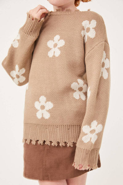 Girls Distressed Floral Patterned Pullover Sweater taupe