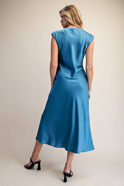Short-Sleeve Cowl-Neck Slip Midi Dress: Cream