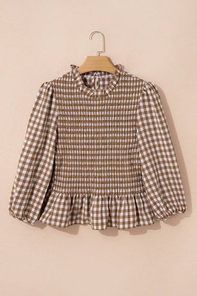 Plaid Smocked Bodice Three Quarter Sleeve Casual Top: Red