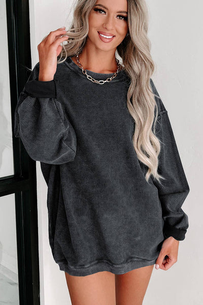 Custom Solid Ribbed Knit Round Neck Pullover Sweatshirt: Black / 100%Polyester