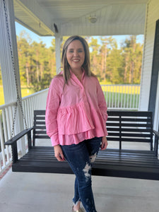 Pink solid colored ruffle tiered button down shirt