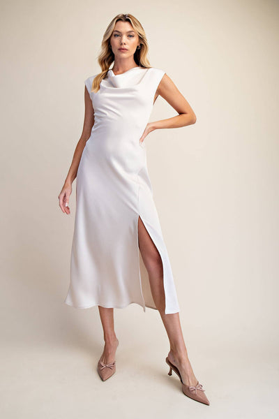 Short-Sleeve Cowl-Neck Slip Midi Dress: Cream
