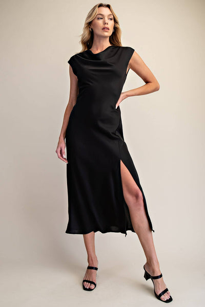 Short-Sleeve Cowl-Neck Slip Midi Dress: Cream