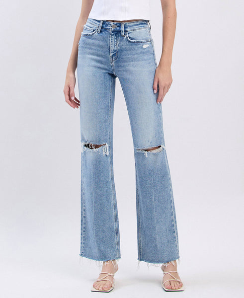 HIGH RISE DISTRESSED SLIM WIDE JEANS F6011: GLORIETTA