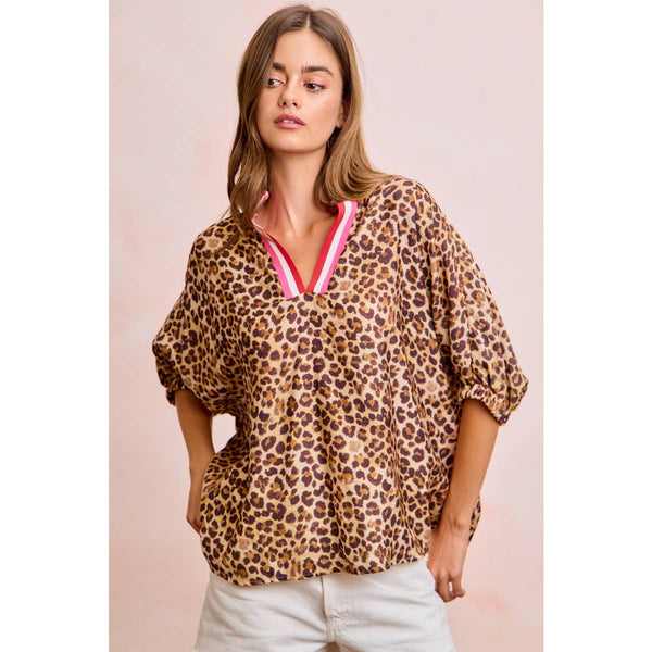 LEOPARD CONTRAST BANDED DOLMAN SLEEVES BLOUSE TOP: LEOPARD / S