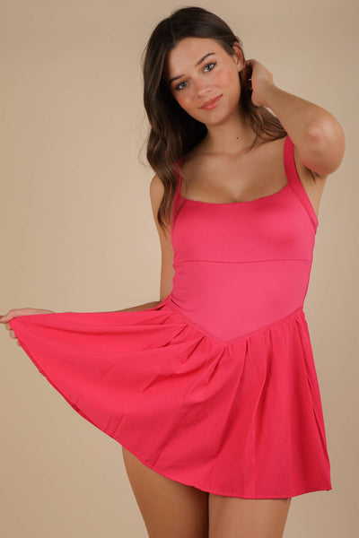 Pleated Skirt Activewear Dress W/ Under Shorts: HOT PINK