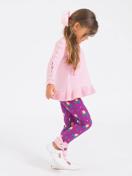 Girls Pink Ruffle Hem Lace Up Sweater