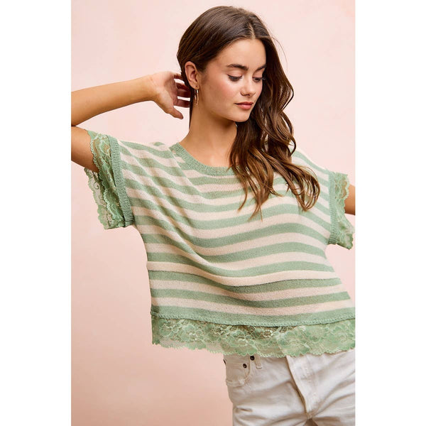 STRIPED CONTRAST LACE DETAIL LIGHTWEIGHT KNIT TOP: PALE BANANA / M