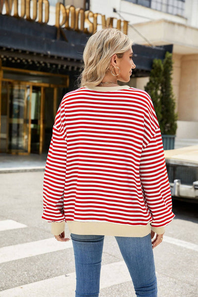 Striped Crew Neck Contrast Color Loose Long Sleeve Sweater: Green and white stripes