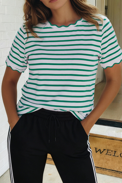 LAS Stripe Scalloped Trim Round Neck T Shirt Red