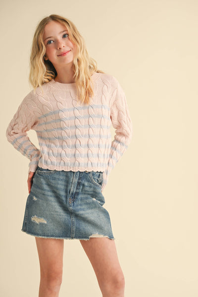 GIRLS KIDS CABLE KNIT BOXY CROPPED PULLOVER
