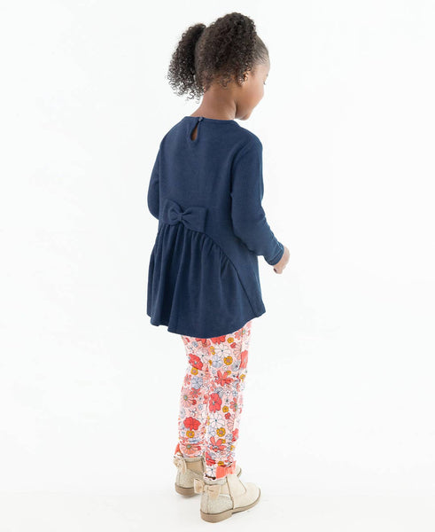 Girls Dark Navy Waffle Knit Long Sleeve Bow Back Top: Blue