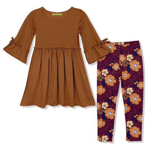 Girls Rust Bow Bell-Sleeve A-Line Dress & Florals Leggings: Rust