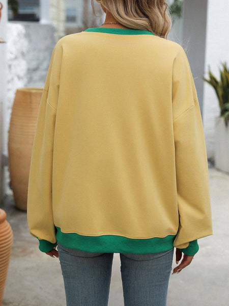 Solid Color Round Neck Fork Loose Sweatshirt Sweater: Off-white