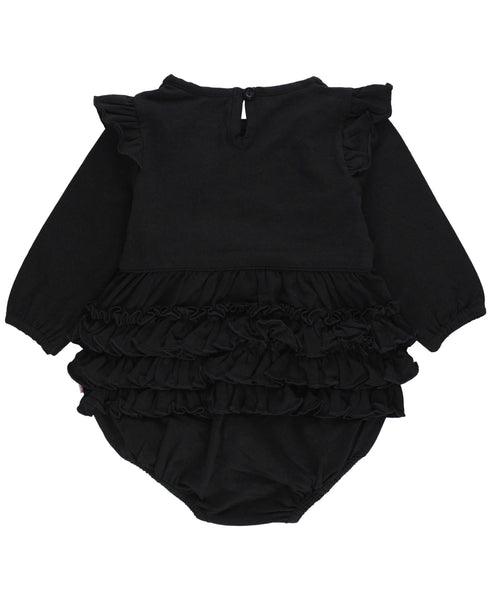 Baby Girls Black Knit Long Sleeve Flutter Bubble Romper: Black