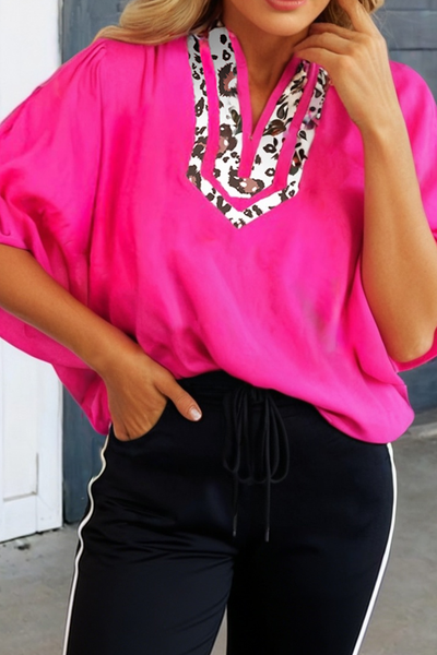 LAS Dolman Leopard Patchwork Trim V Neck Blouse