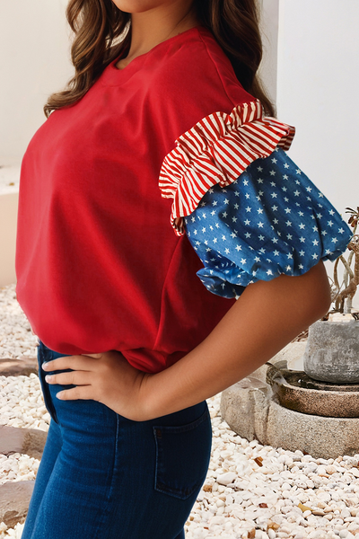 LDC Stars Stripes Round Neck Short Puff Sleeve Top