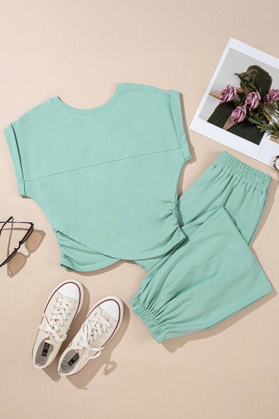 LAS Solid Color Cropped Tank Top and Jogger Pants Set Moonlight Jade