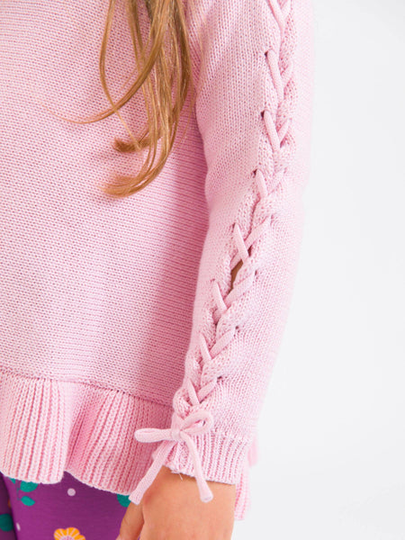 Girls Pink Ruffle Hem Lace Up Sweater