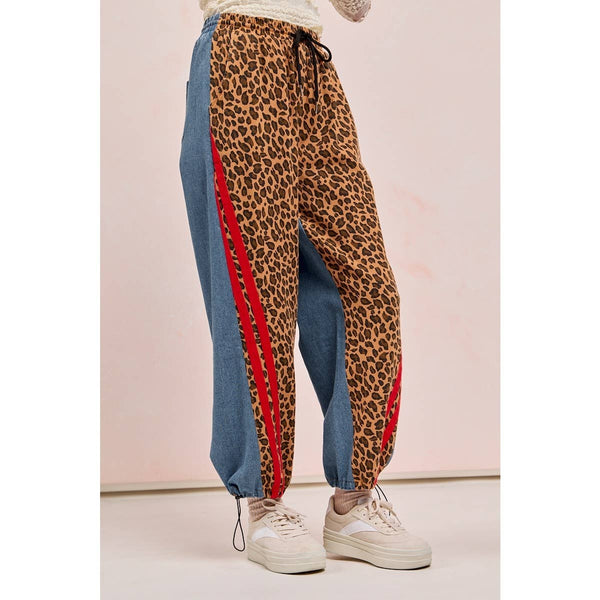 WASHED LEOPARD DENIM MIX AND MATCH JOGGER PANTS: LEOPARD/DENIM