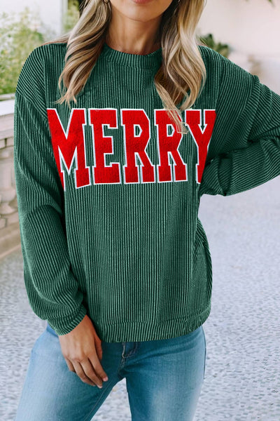LDC Twisted Rib Outlined Merry Letter Graphic Top: Evergreen