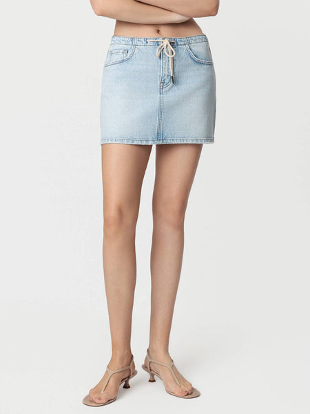 MID RISE LIGHT WASH DRAWSTRING MINI SKIRT: HAPPY NOW