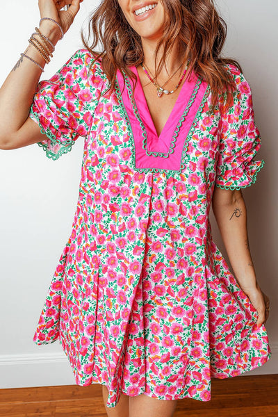 Floral Print V Neck Patchwork Short Bubble Sleeve Mini Dress: Pink
