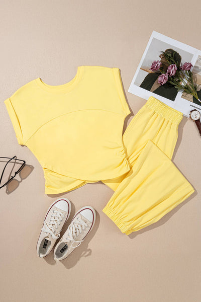 LAS Solid Color Cropped Tank Top and Jogger Pants Set Yellow Cream