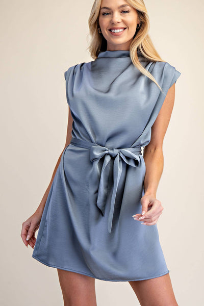 Mock Neck Waist Tie Sleeveless Mini Dress: Black