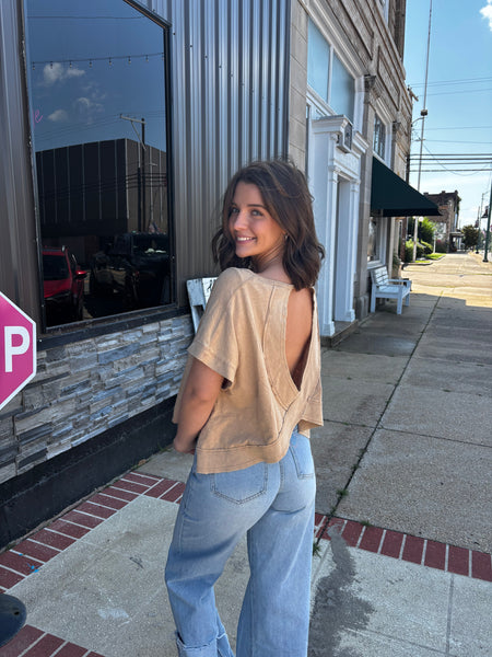 Acid Wahsed Cross Detail Open Back Top: DARK TAUPE