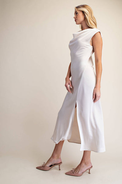 Short-Sleeve Cowl-Neck Slip Midi Dress: Cream