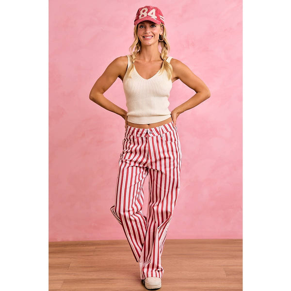 GAMEDAY THEME STRIPE HIGH RISE FLARE PANTS: RED