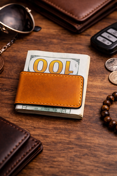 Genuine Full-Grain Leather Money Clip wallet: Light Brown