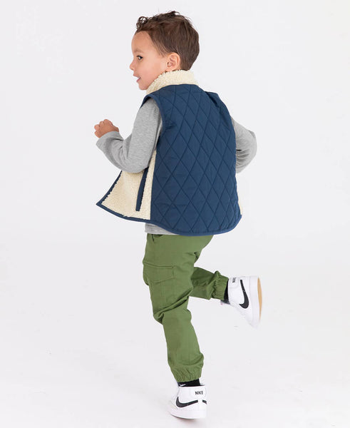 Boys Dark Navy Quilted Sherpa Vest: Blue