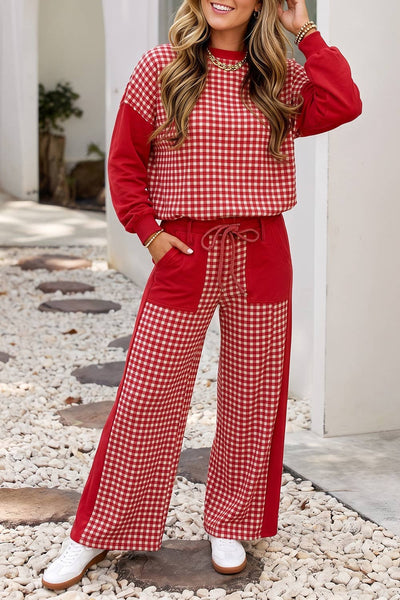 LDC Plaid Patchwork Long Sleeve Pullover Wide Leg Pant Set: Red