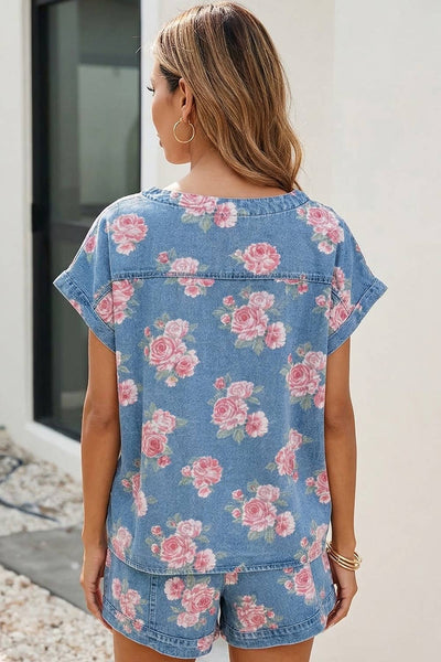 LDC Cuffed Retro Floral Top Loose Shorts 2pcs Denim Set: Sky Blue