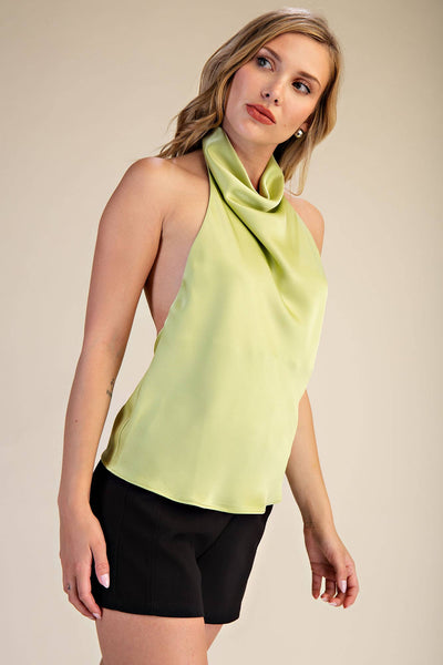 Halter Neck Cowl Neck Sleeveless Openback Satin Top: Dusty Blue / S