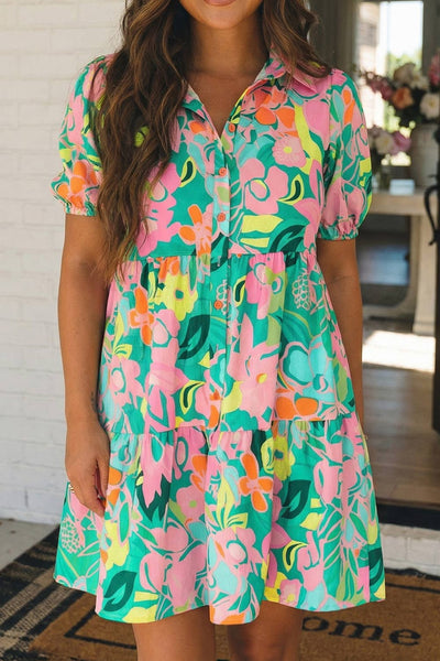 LAS Floral Puff Sleeve Collar Buttoned Babydoll Dress Green / Missy /