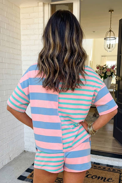 LAS Stripe Exposed Seam Patchwork Shorts Set Pink